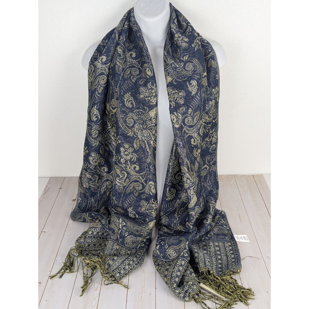 Elegant Navy & Gold Paisley Scarf ~ 72" Long ~ Soft Fringe Wrap Lightweight